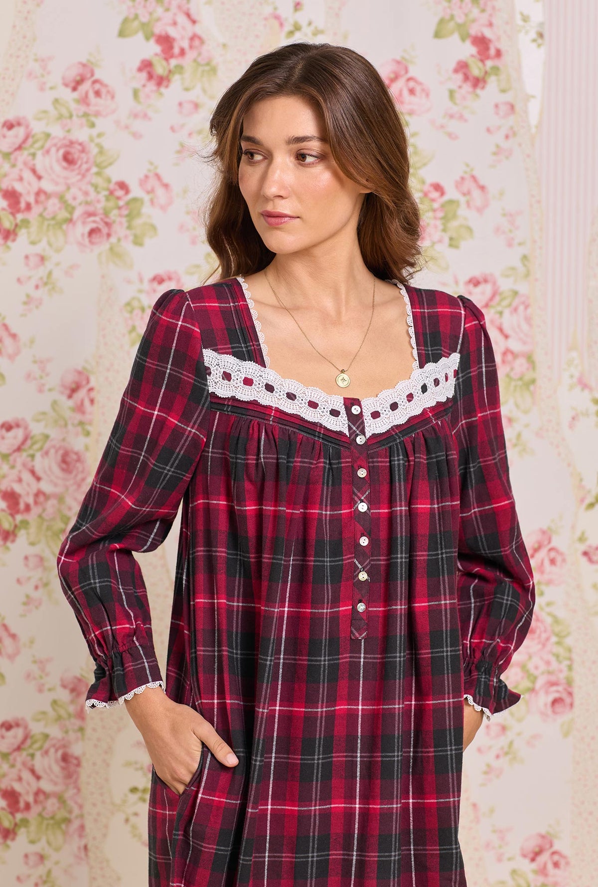 Victorian Holiday Plaid Cotton Flannel Long Sleeve Ballet Nightgown