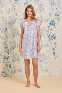 A lady wearing Navy Vine Cotton Knit Nightshirt