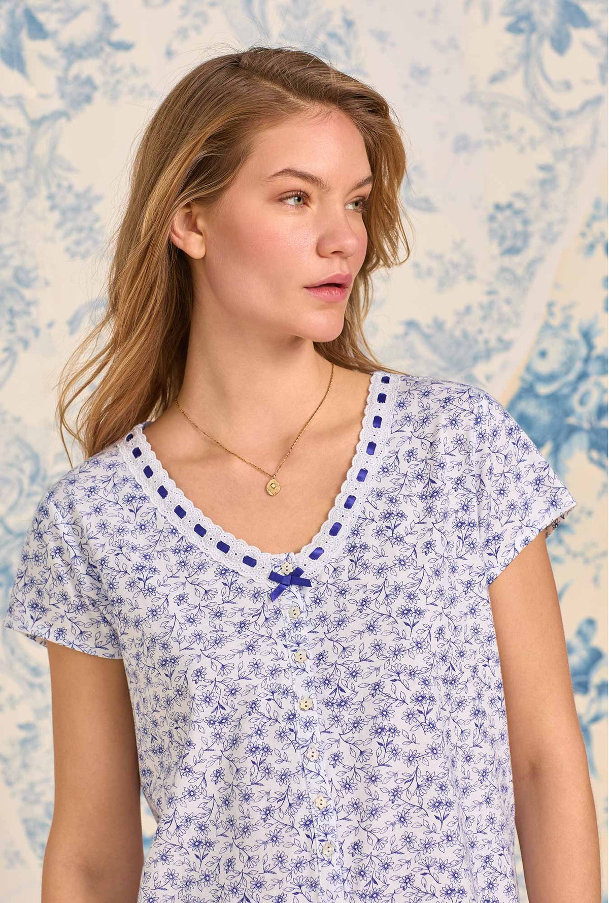A lady wearing Navy Vine Cotton Knit Nightshirt