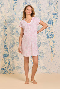 A lady wearing Pink Ditsy Cotton Knit Nightshirt