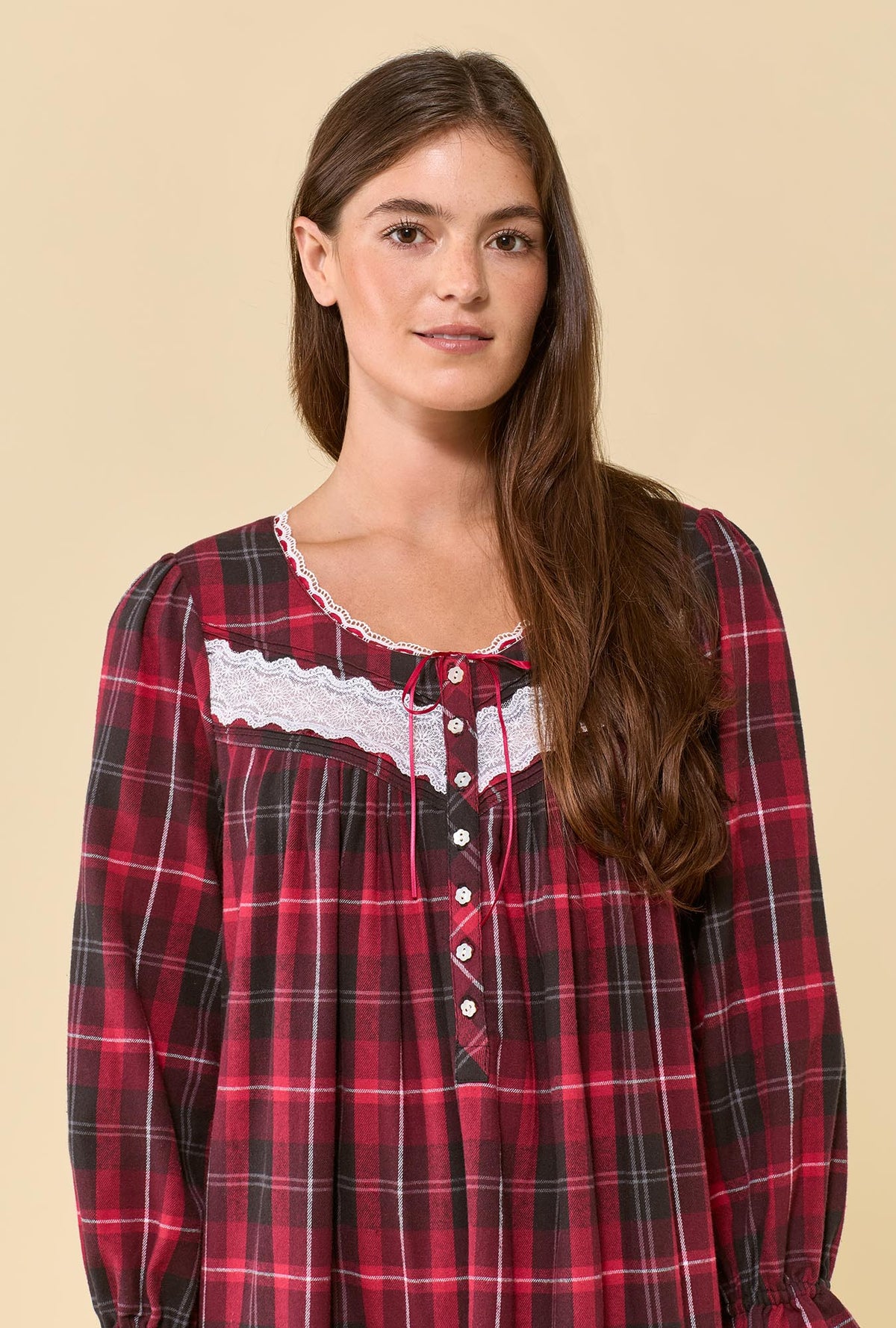 Rosewood Plaid 100% Cotton Flannel Long Sleeve Waltz Nightgown