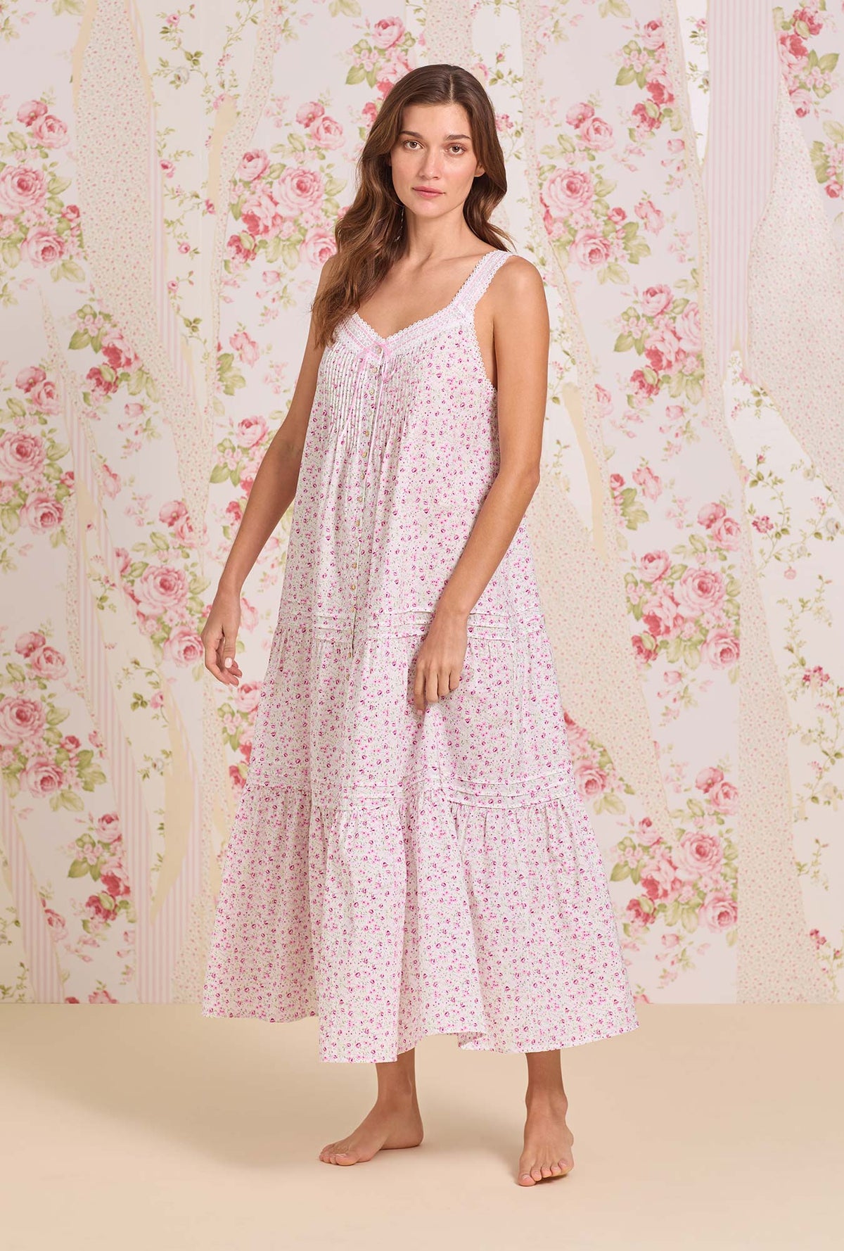 A lady wearing The "Josephine" Sweet Ditsy Cotton Lawn Ballet Nightgown looking front