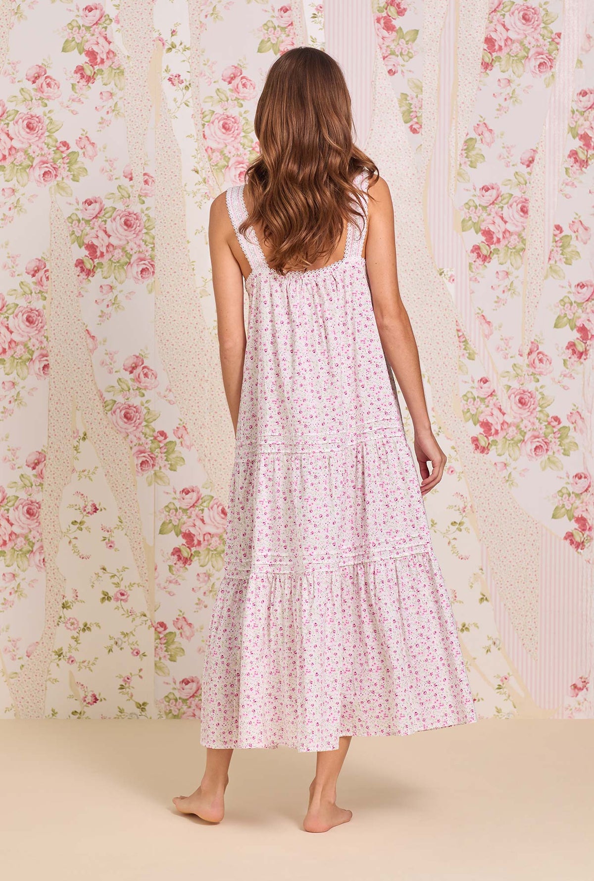 A lady wearing The "Josephine" Sweet Ditsy Cotton Lawn Ballet Nightgown back view