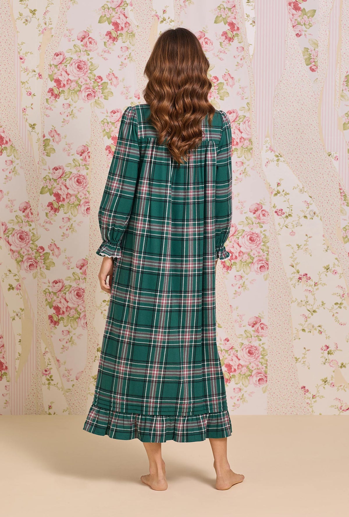 A lady wearing Evergreen Plaid Cotton Flannel Long Sleeve Ballet Nightgown