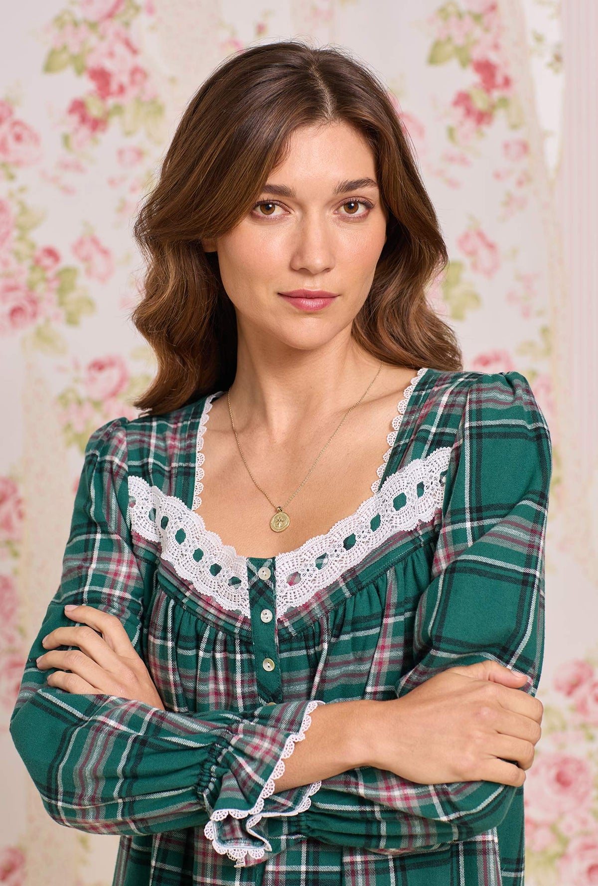A lady wearing Evergreen Plaid Cotton Flannel Long Sleeve Ballet Nightgown