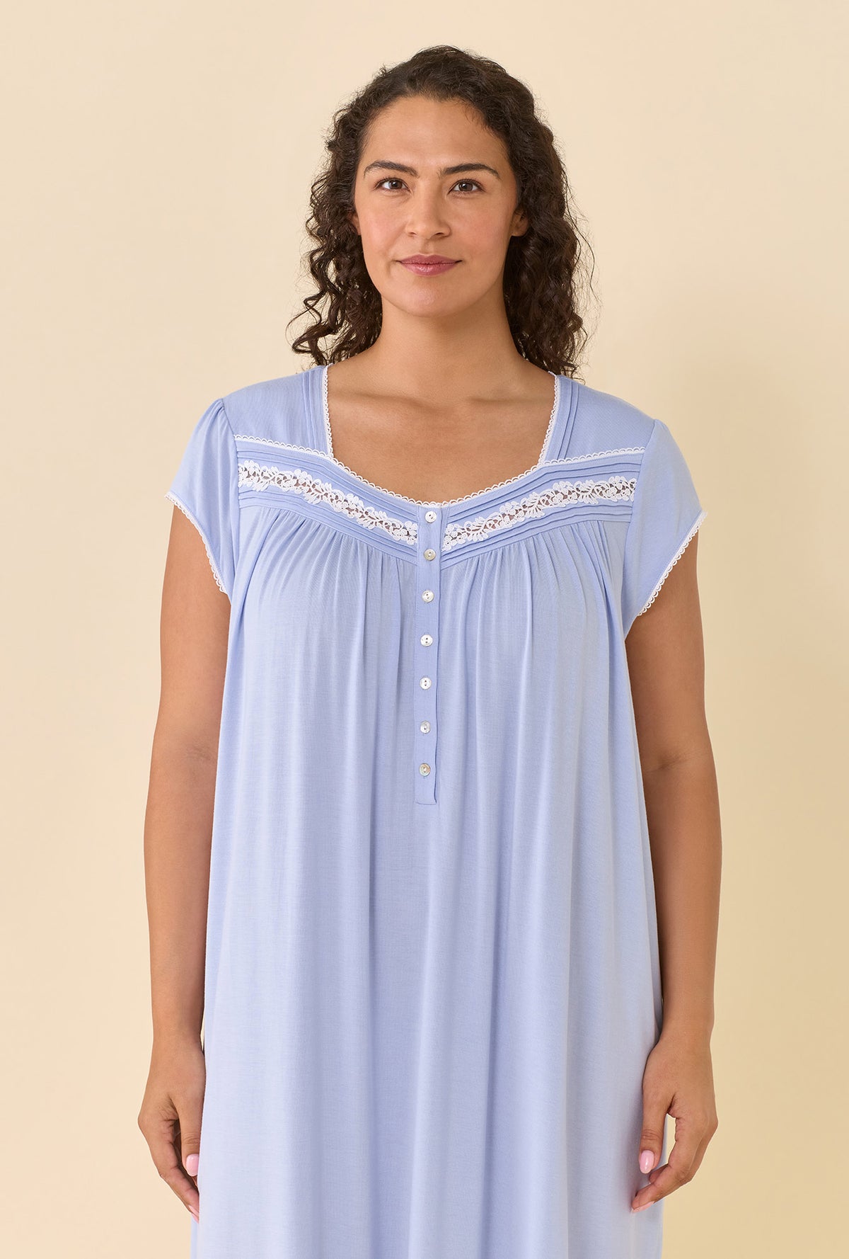 A lady wearing plus size Peri Nightgown closer look