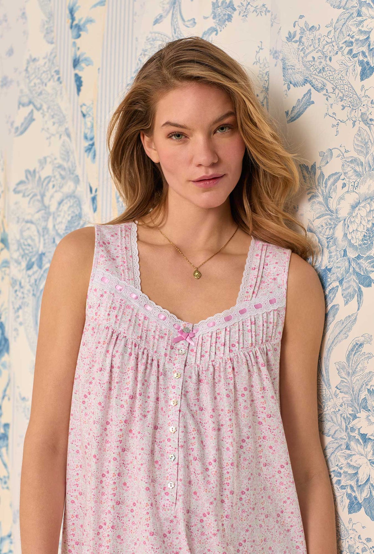 A lady wearing Pink Ditsy Cotton Knit Chemise