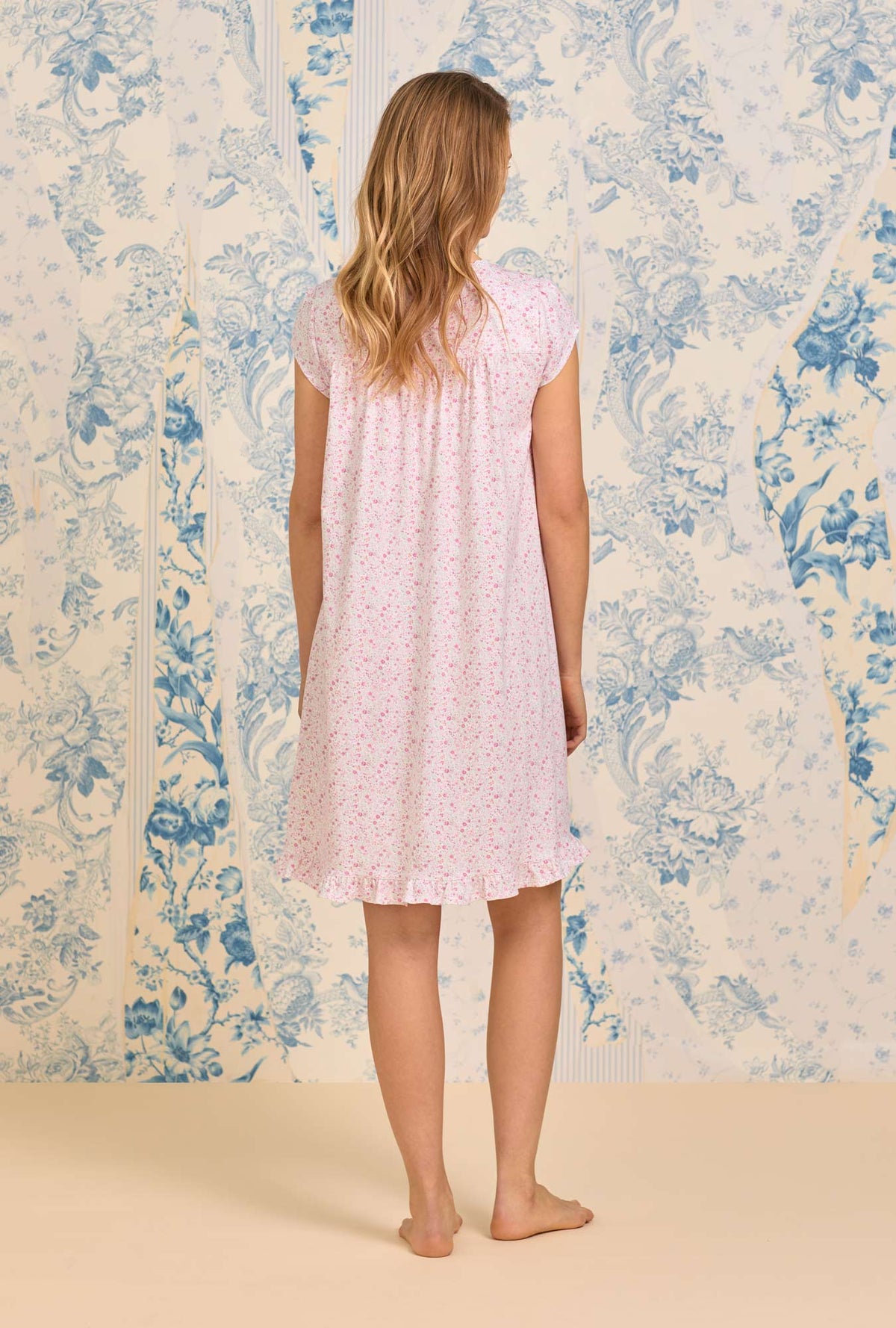A lady wearing Pink Ditsy Cotton Knit Cap Sleeve Chemise