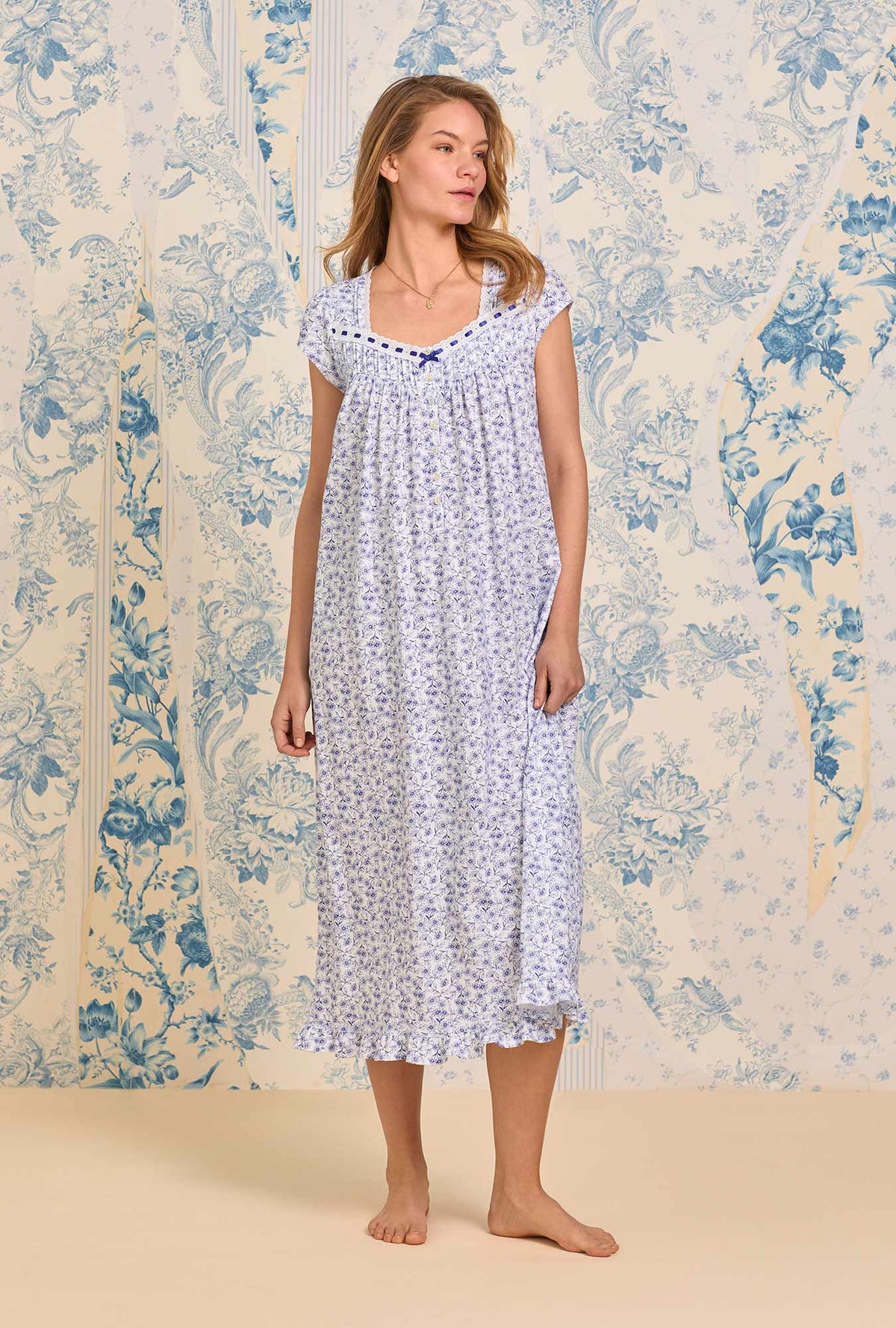 A lady wearing Navy Vine Cotton Knit Ballet Nightgown