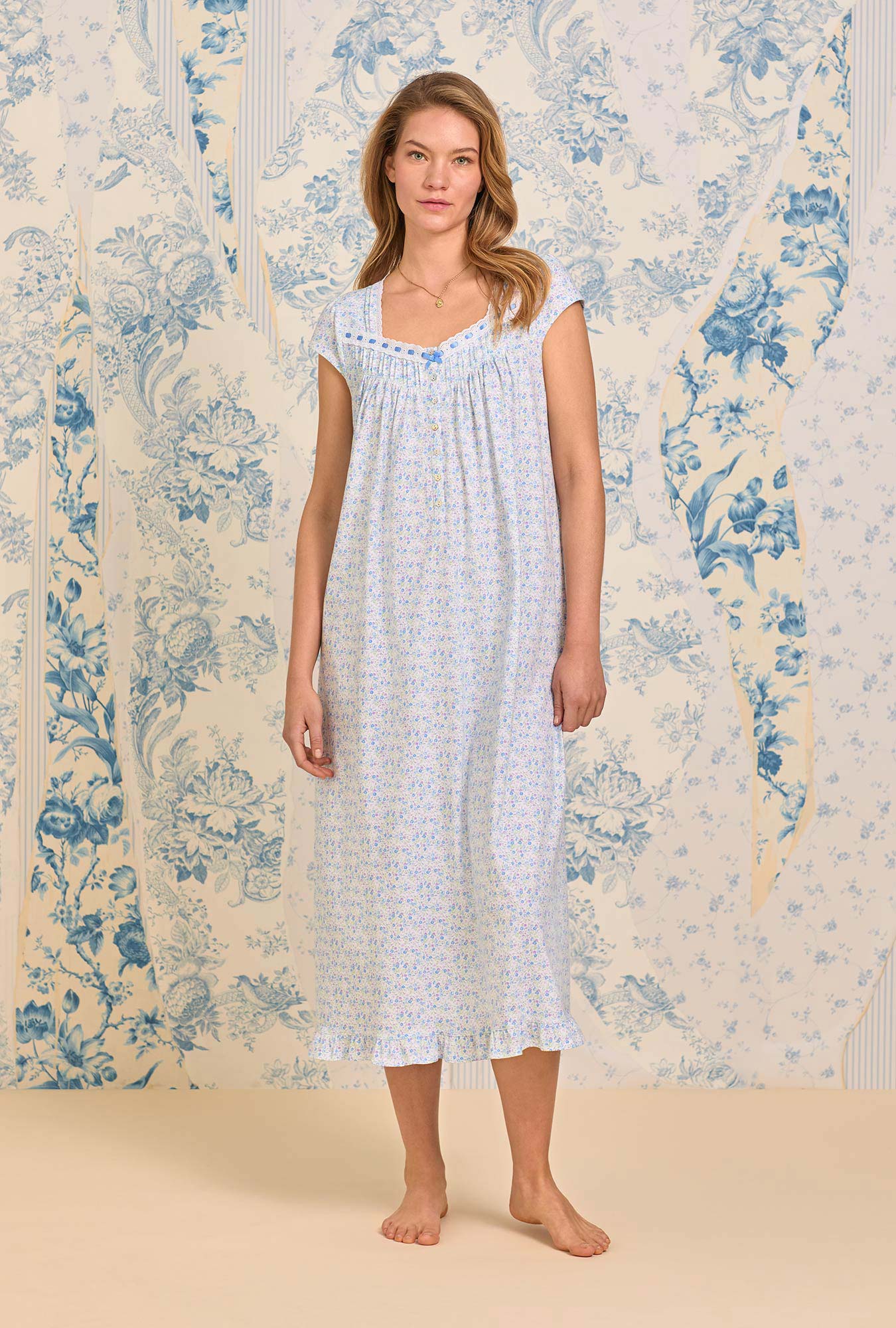 A lady wearing Blue Ditsy Cotton Knit Ballet Nightgown