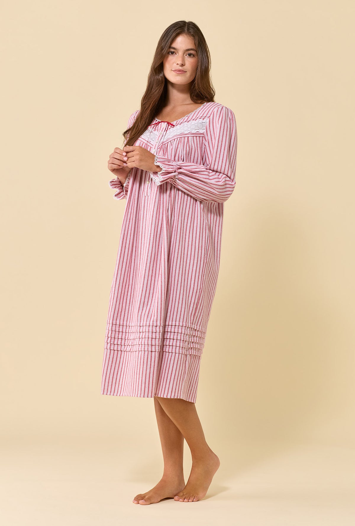 Cranberry Stripe 100% Cotton Flannel Long Sleeve Waltz Nightgown