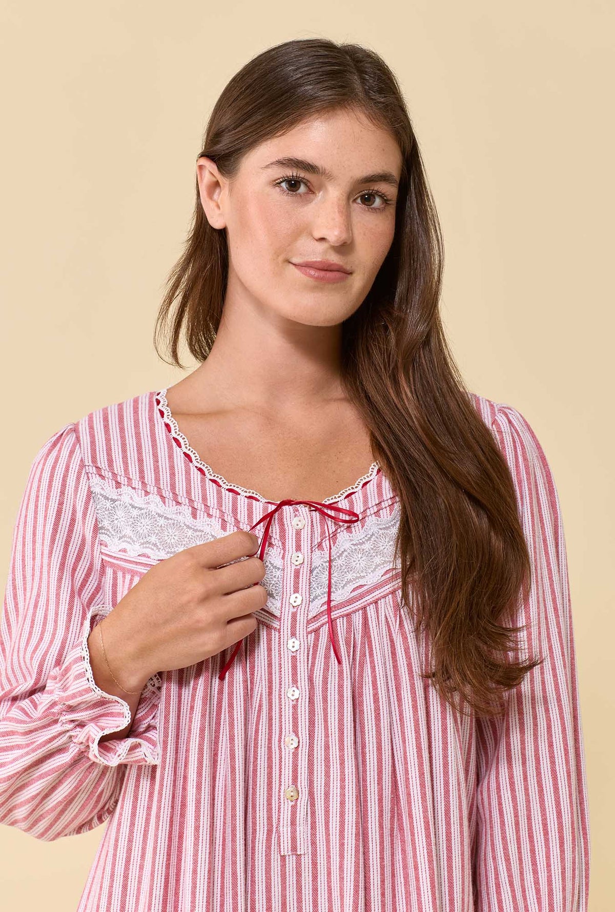 Cranberry Stripe 100% Cotton Flannel Long Sleeve Waltz Nightgown