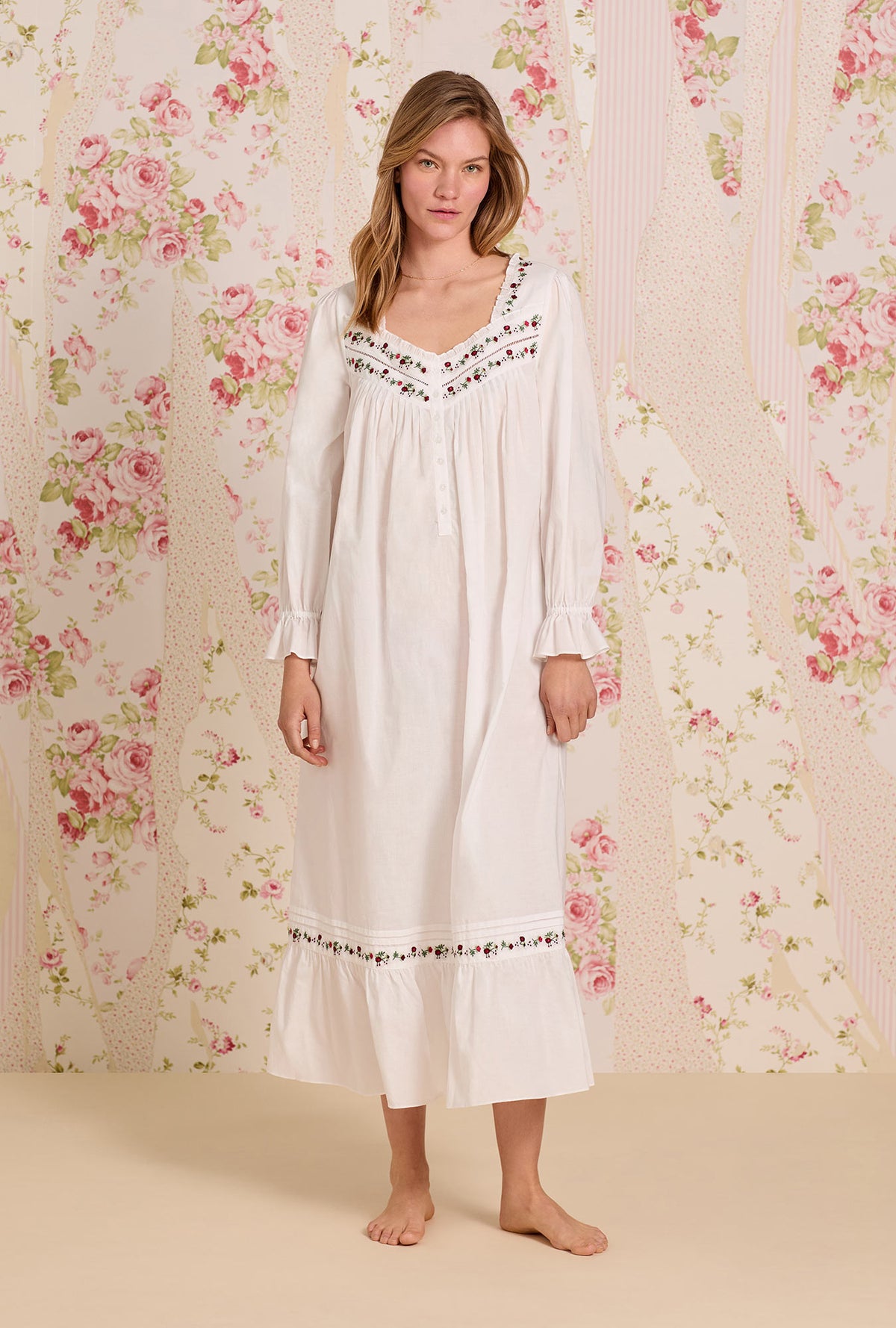 Iconic White Rosevine Embroidered Long Sleeve Cotton Lawn Nightgown