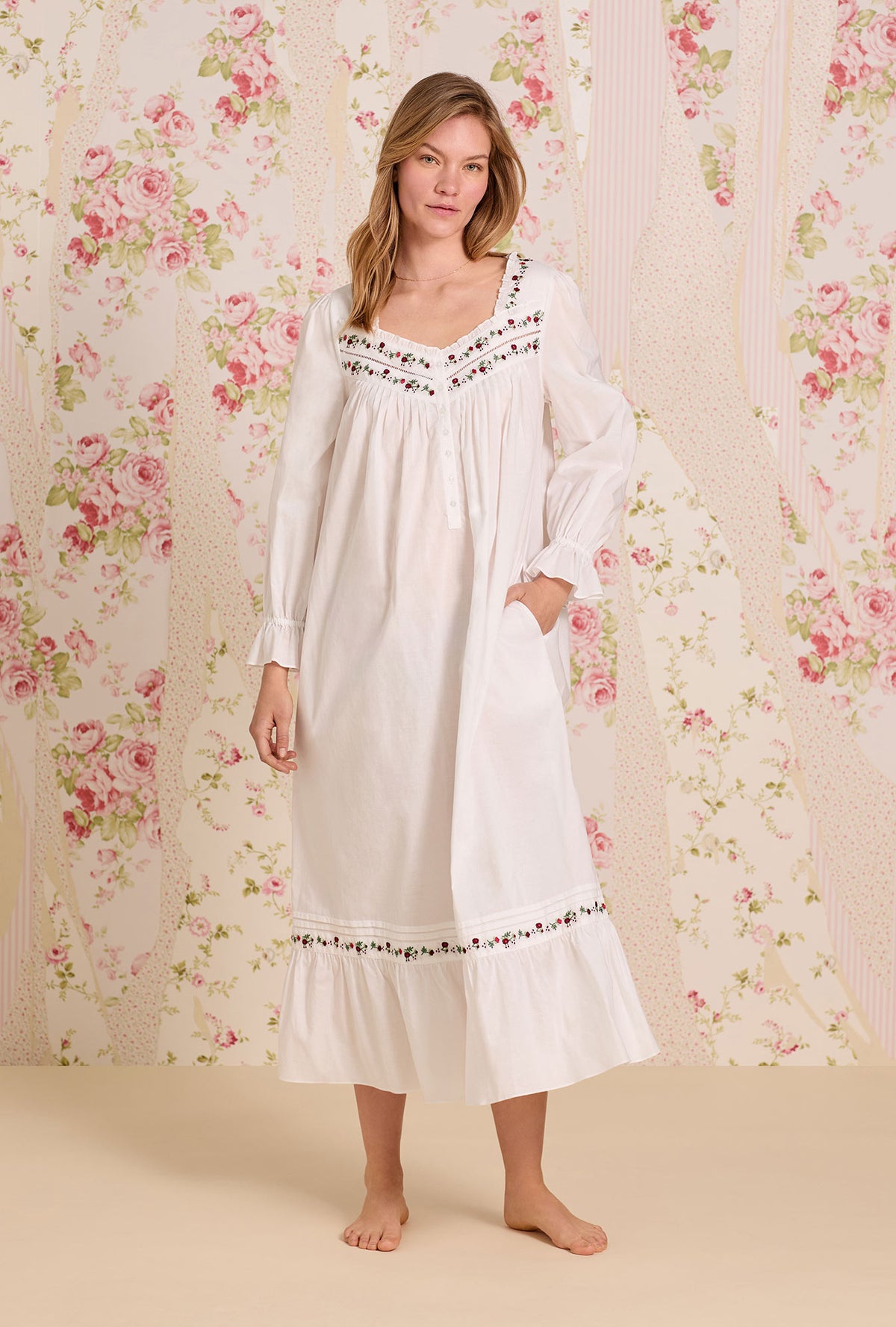 Iconic White Rosevine Embroidered Long Sleeve Cotton Lawn Nightgown