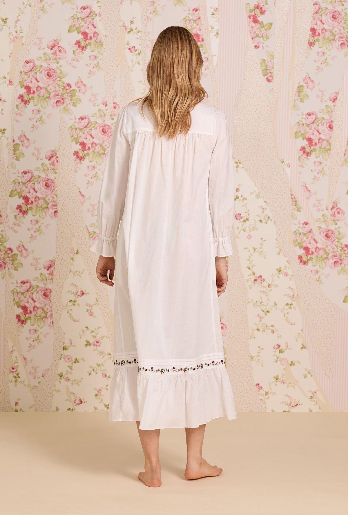 Iconic White Rosevine Embroidered Long Sleeve Cotton Lawn Nightgown