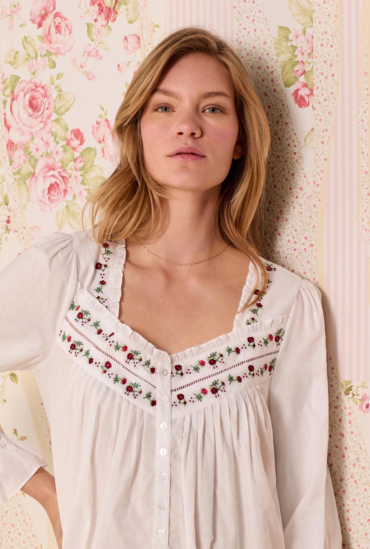 Iconic White Rosevine Embroidered Long Sleeve Cotton Lawn Nightgown