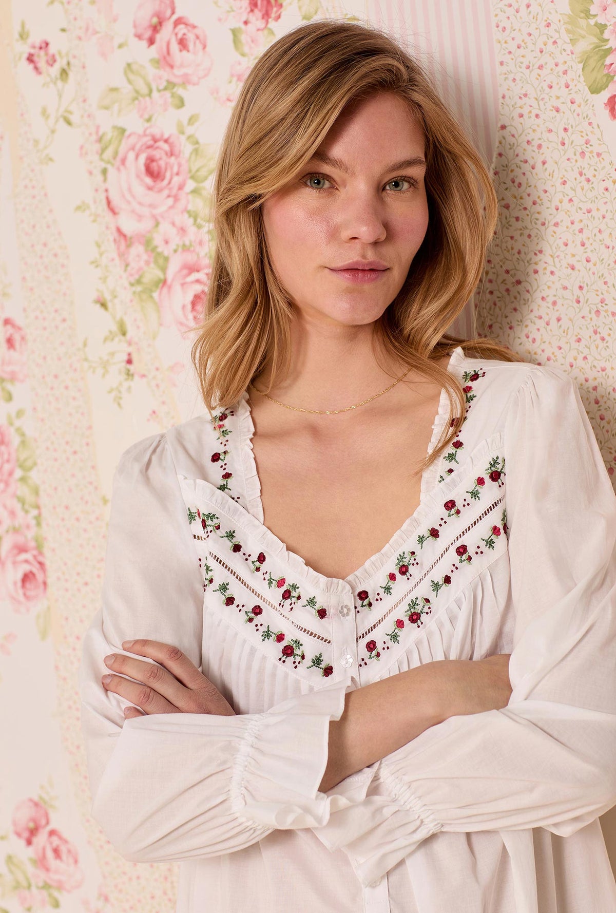 Iconic White Rosevine Embroidered Long Sleeve Cotton Lawn Nightgown