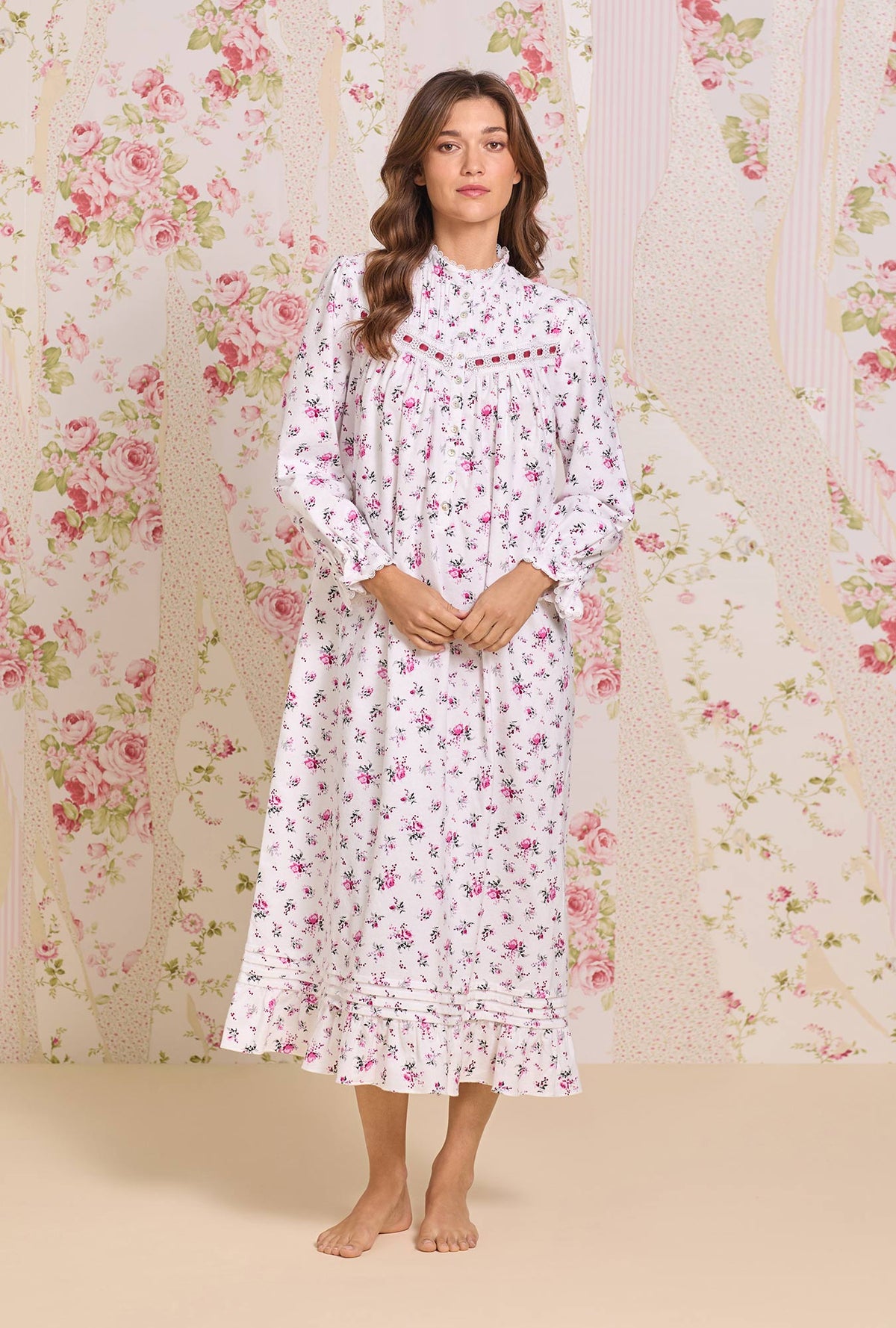 A lady wearing Winter Rosette Cotton Flannel High Neck Long Sleeve Ballet Nightgown