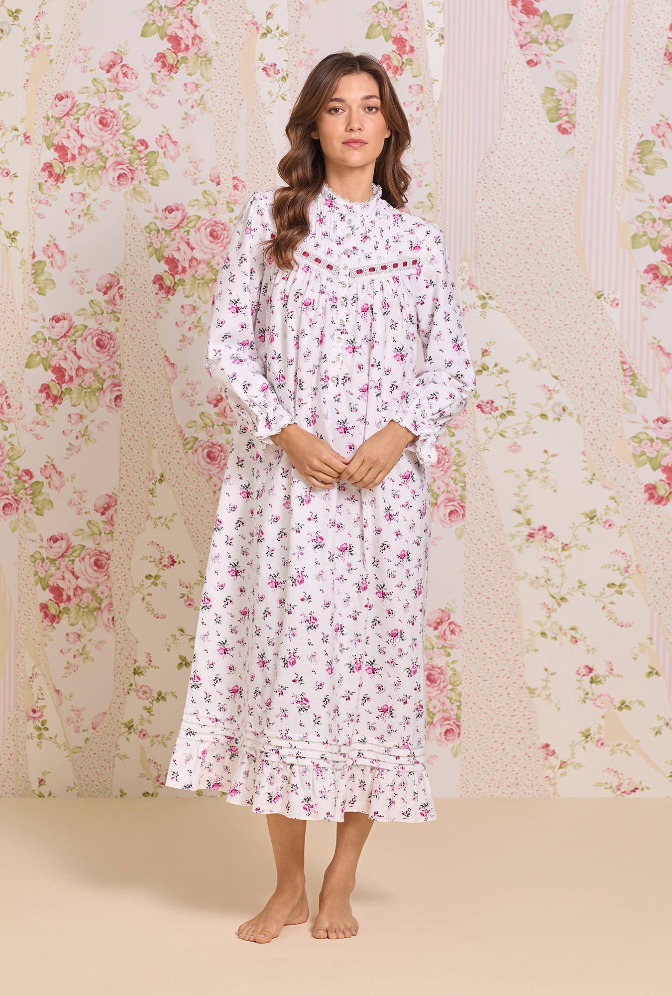 A lady wearing Winter Rosette Cotton Flannel High Neck Long Sleeve Ballet Nightgown