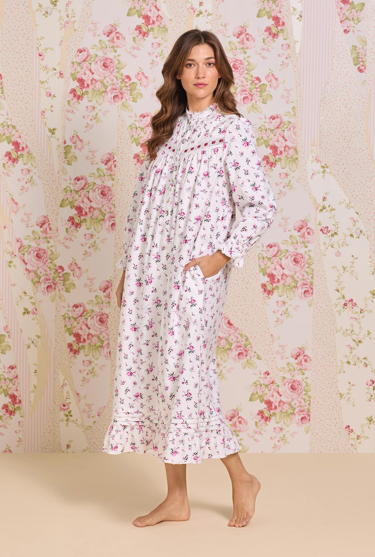 Winter Rosette Cotton Flannel High Neck Long Sleeve Ballet Nightgown - Eileen West Winter Rosette Cotton Flannel High Neck Long Sleeve Ballet Nightgown - Eileen West