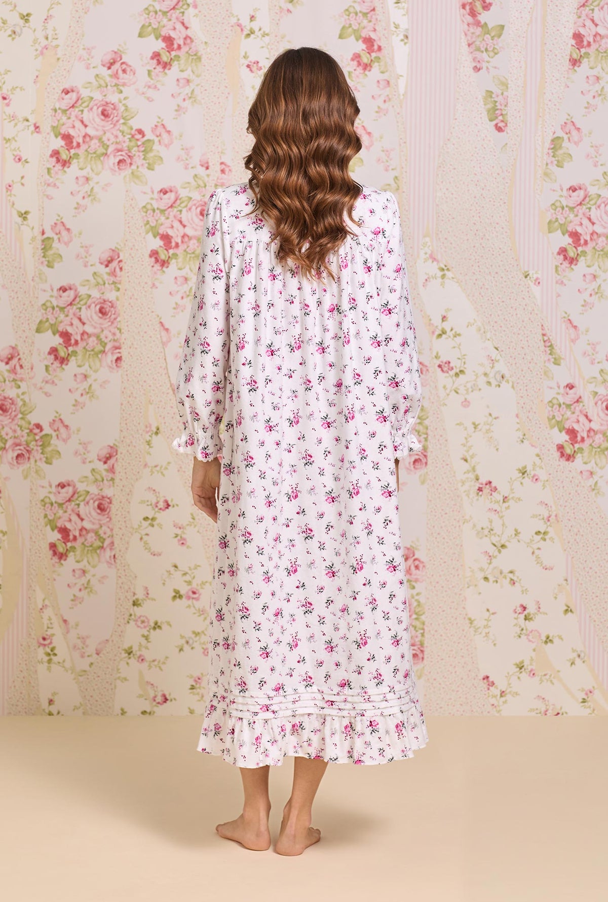 A lady wearing Winter Rosette Cotton Flannel High Neck Long Sleeve Ballet Nightgown
