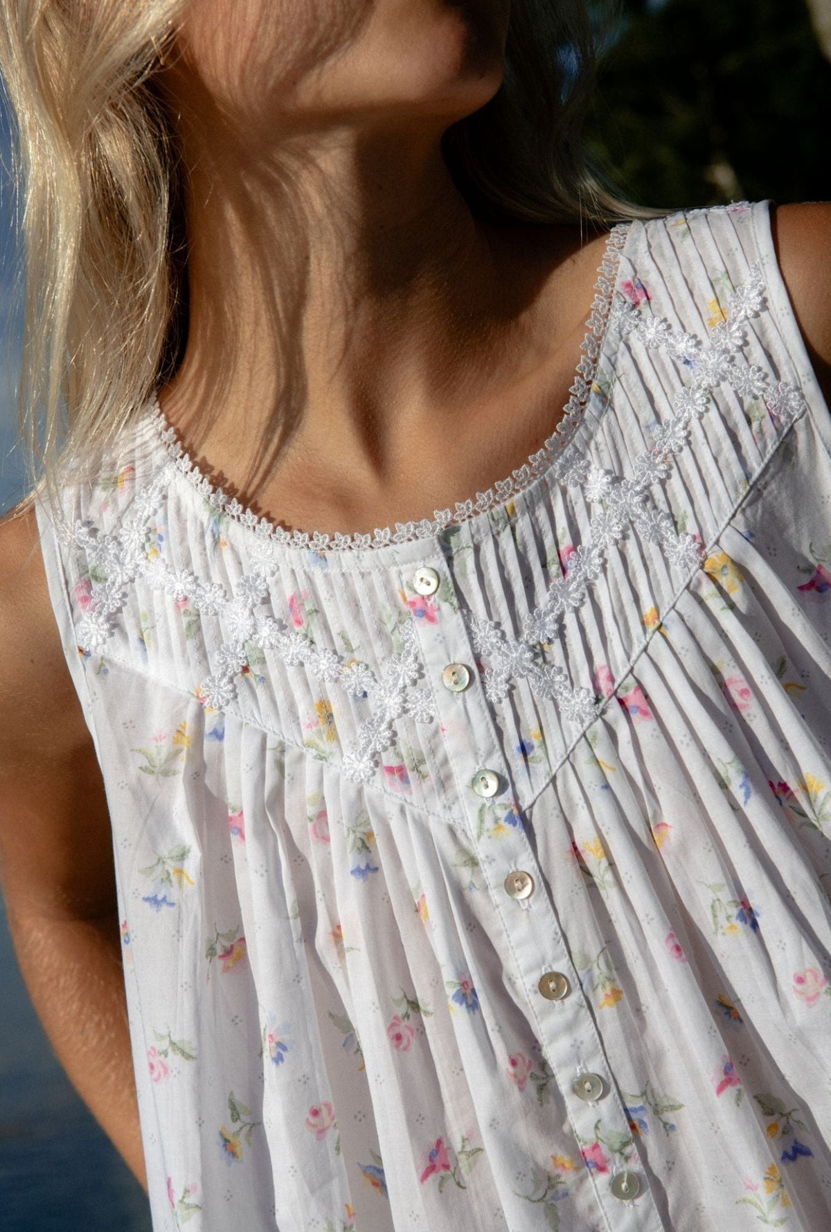 A lady wearing Cottage Posies Cotton Lawn Chemise