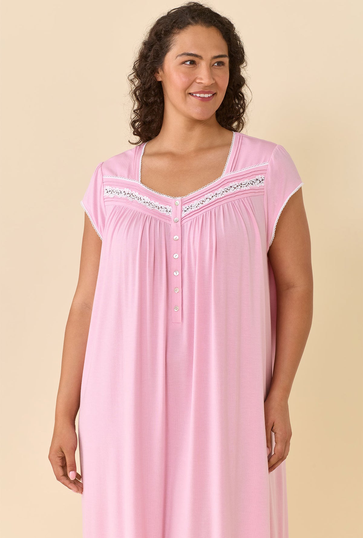 A lady wearing plus size Dusty Rose Nightgown closer look