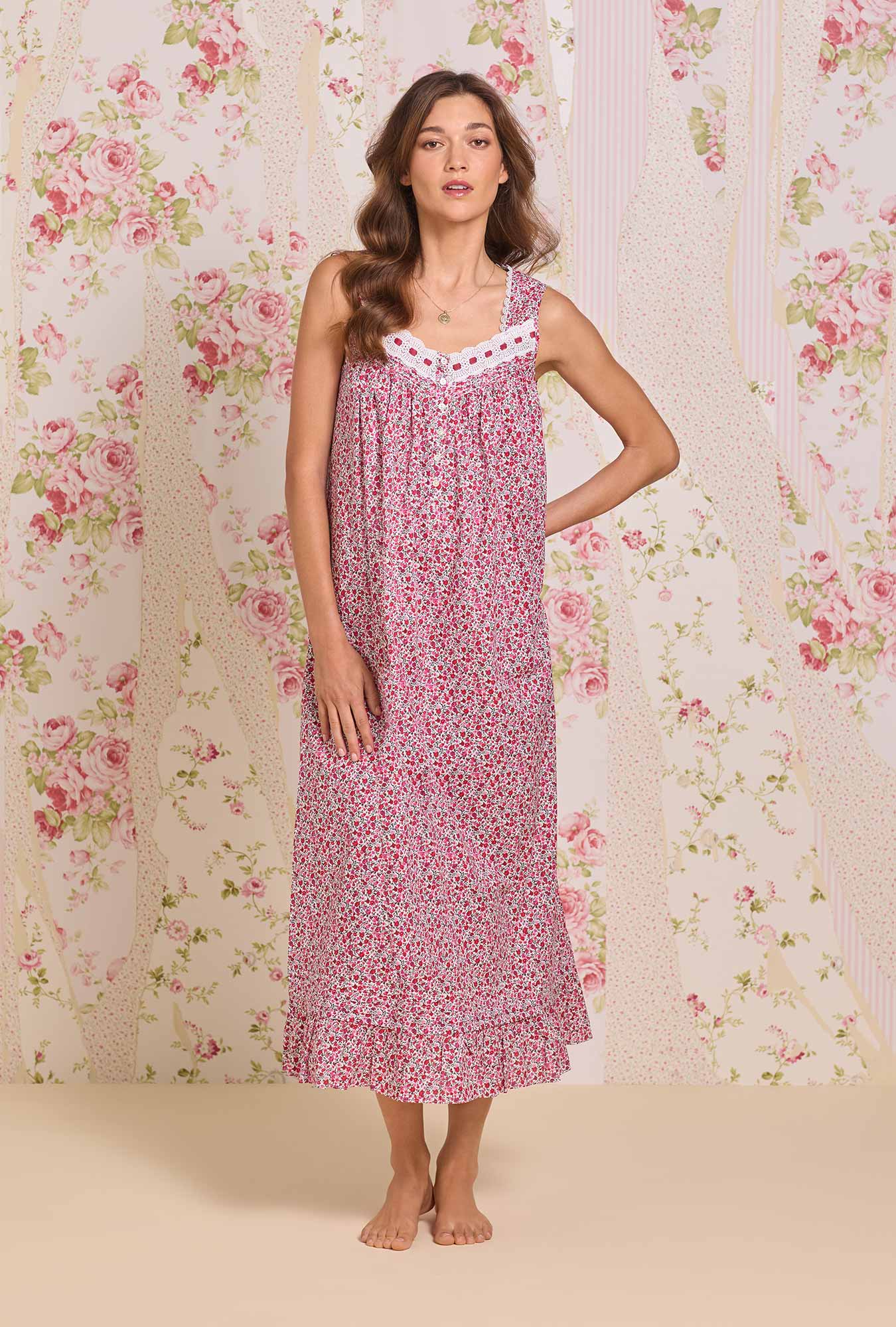 A Lady wearing The "Eileen" Holiday Camellia Cotton Lawn Ballet Nightgown