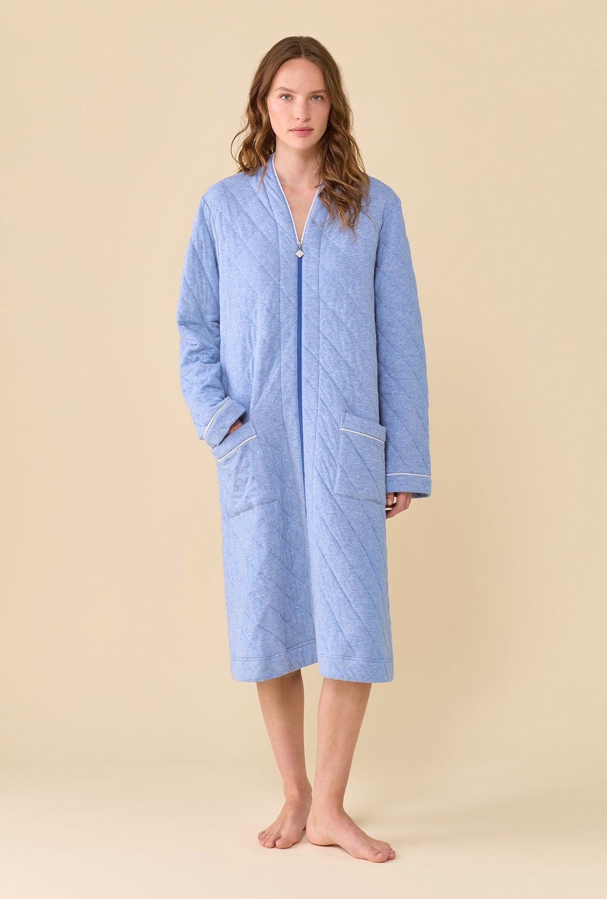 Faded Navy Cotton Rich Diamond Quilt Waltz Zip Robe