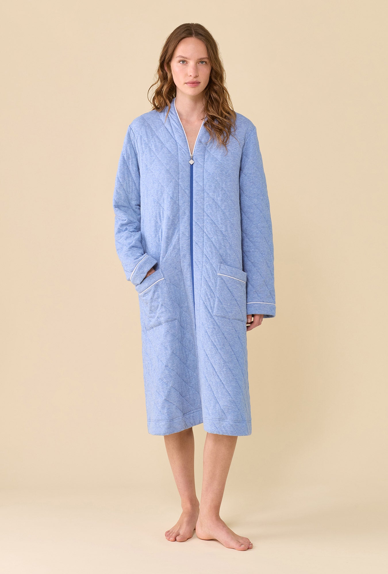 Faded Navy Cotton Rich Diamond Quilt Waltz Zip Robe