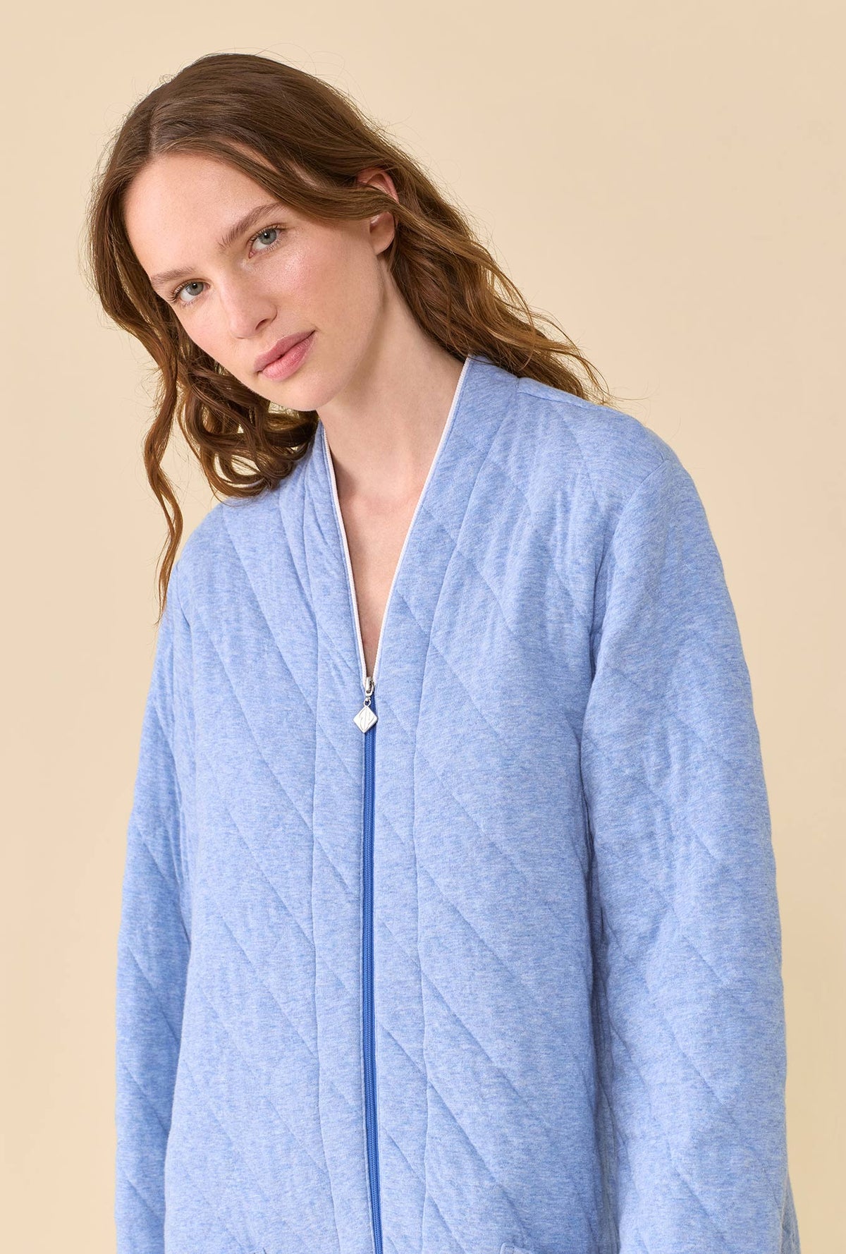 Faded Navy Cotton Rich Diamond Quilt Waltz Zip Robe