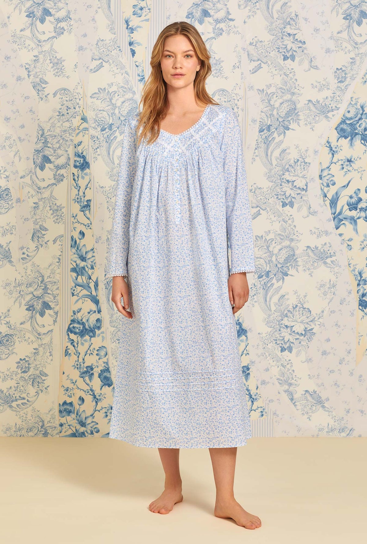A lady wearing Pacific Petal Cotton Lawn Long Sleeve Ballet Nightgown