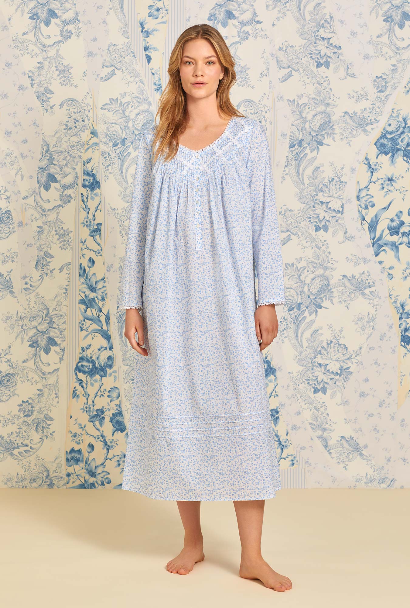 A lady wearing Poetic Floral Long Sleeve Nightgown
