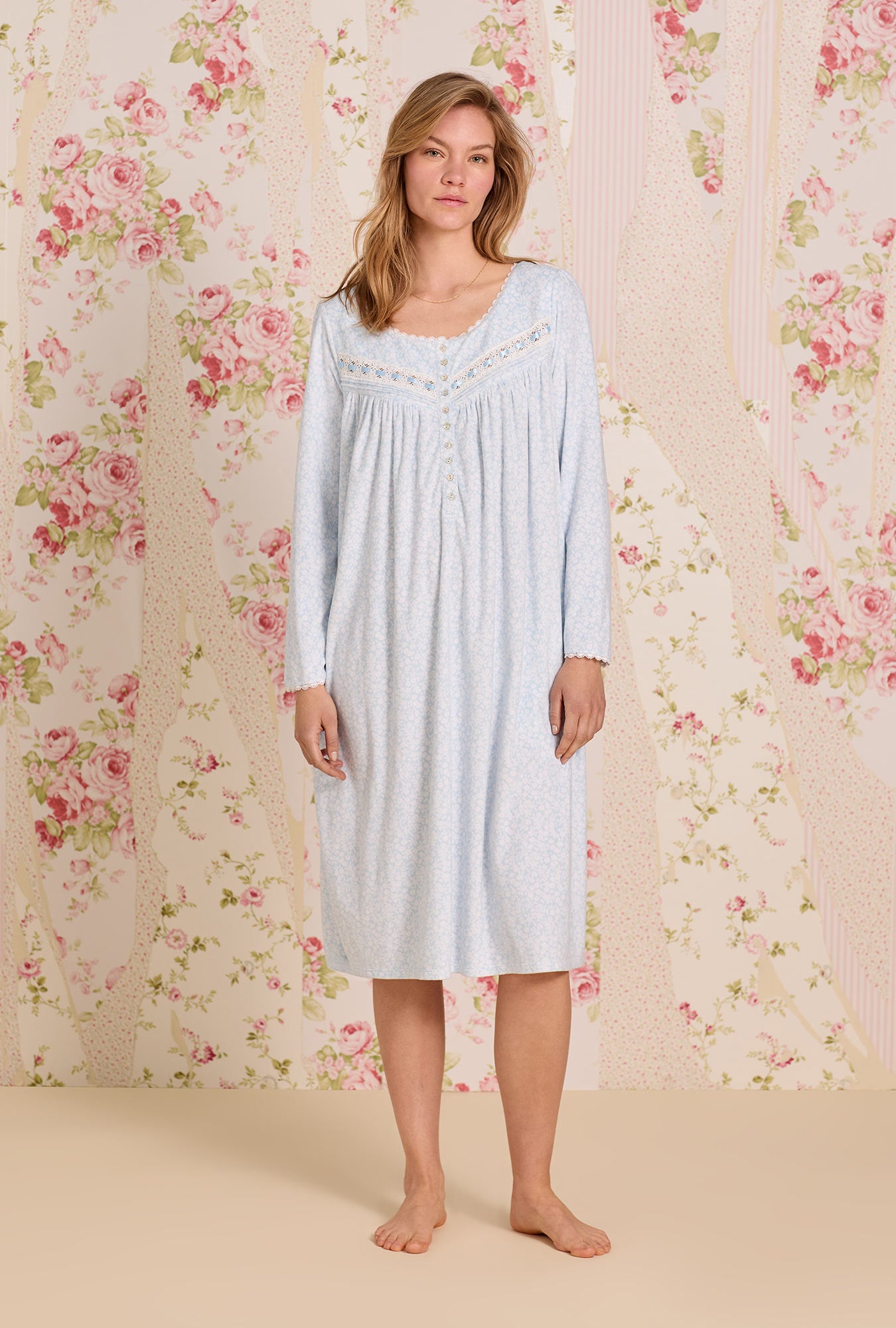 A Lady wearing Powder Petal Dream Fleece Long Sleeve Waltz Nightgown