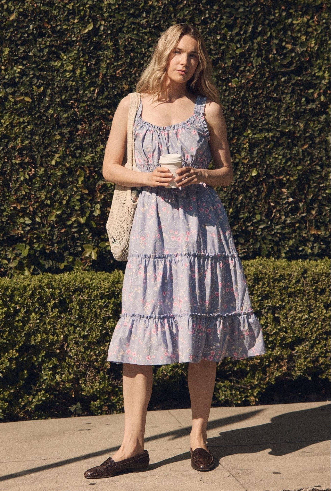 A lady wearing The "Nora" Chambray Rose Cotton Midi Dress