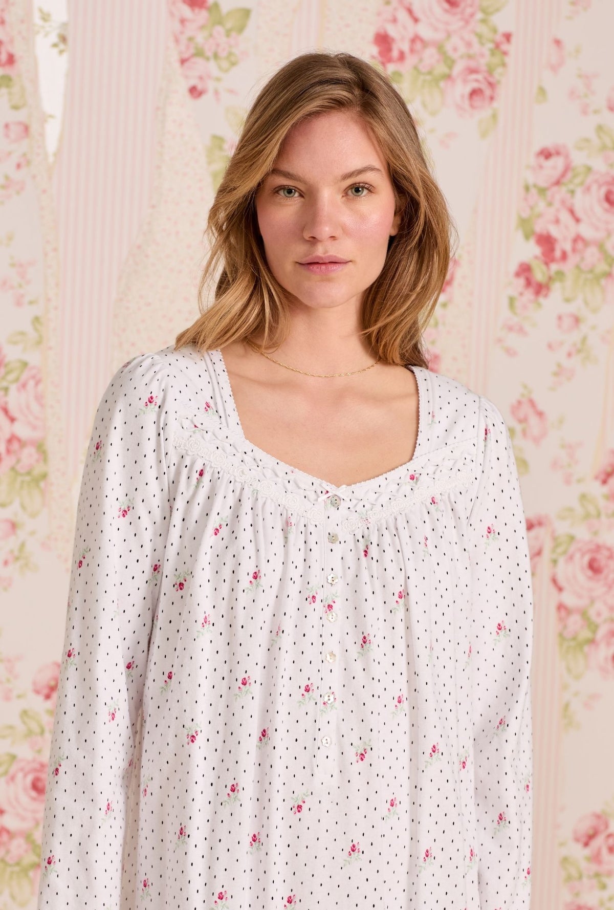 A Lady wearing Rosebud Dot Cotton Knit Long Sleeve Ballet Nightgown
