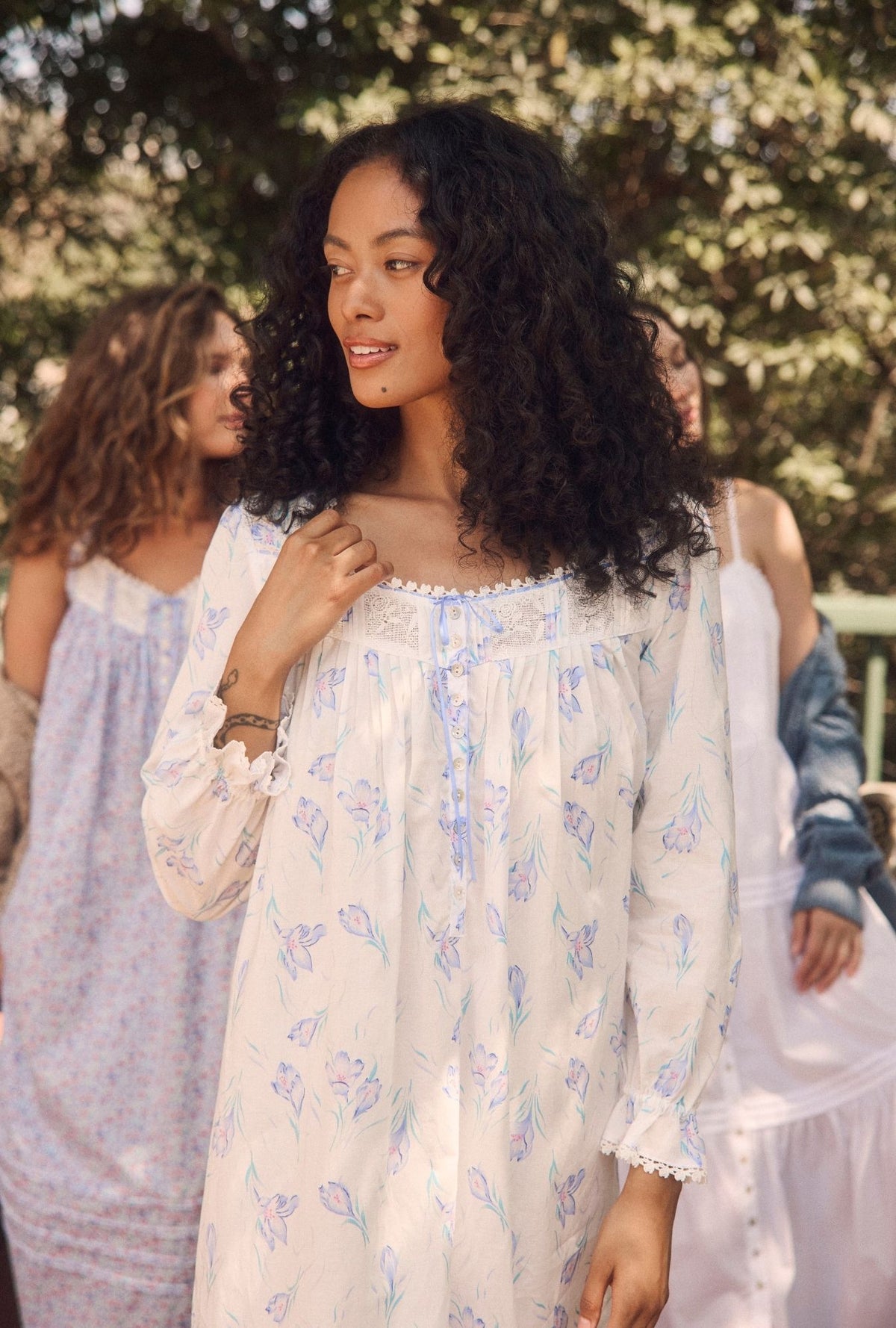 a lady wearing Blue Crocus Long Sleeve Cotton Lawn Ballet Nightgown
