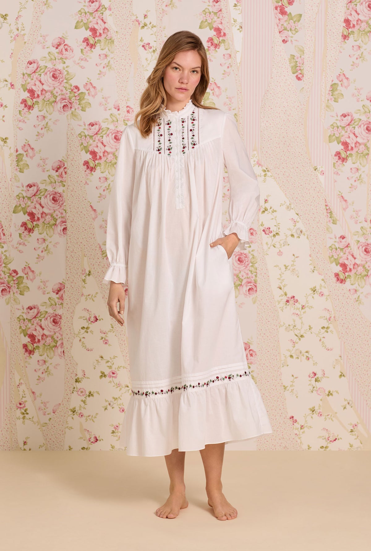 Iconic White Rosevine Embroidered Cotton Lawn Highneck Ballet Nightgown