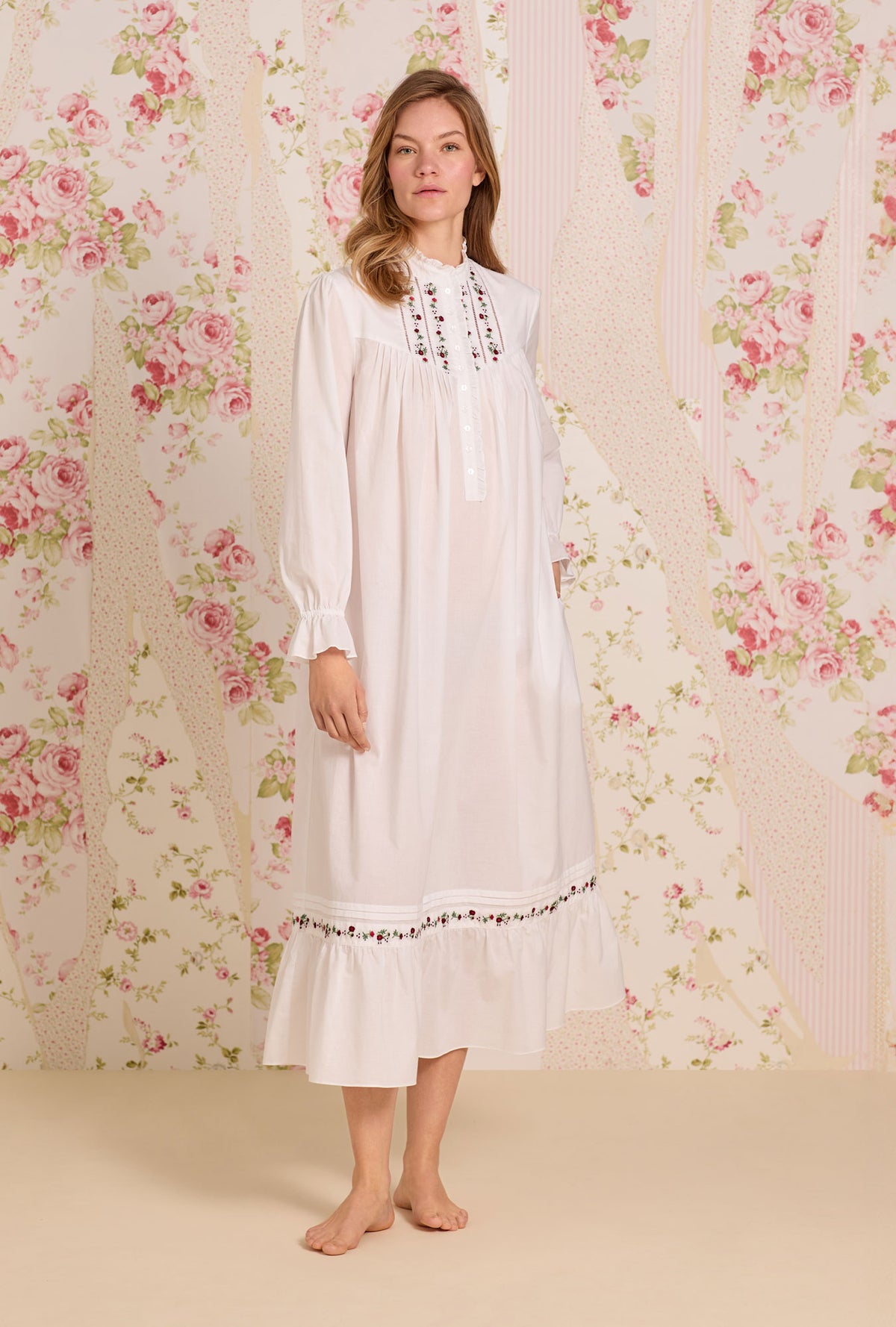Iconic White Rosevine Embroidered Cotton Lawn Highneck Ballet Nightgown