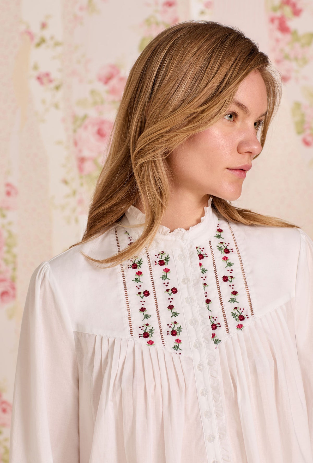 Iconic White Rosevine Embroidered Cotton Lawn Highneck Ballet Nightgown