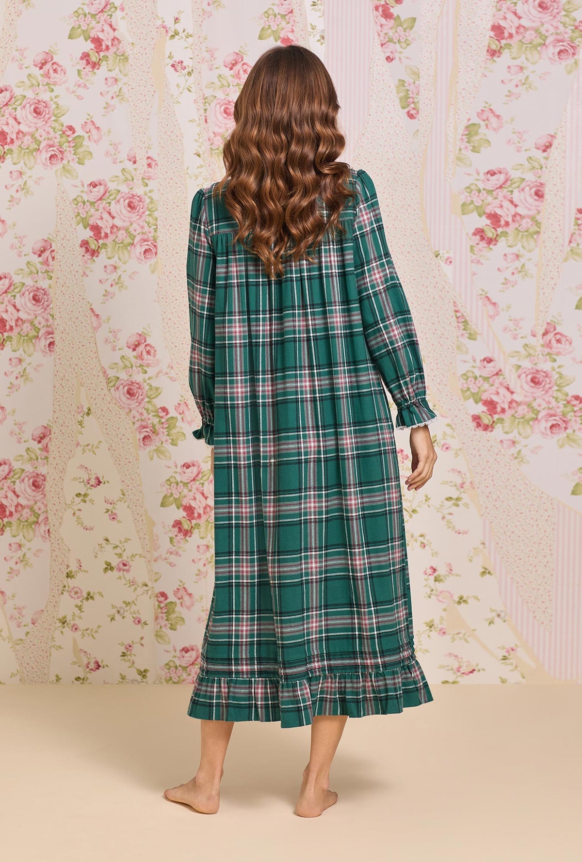Evergreen Plaid Cotton Flannel Highneck Long Sleeve Ballet Nightgown