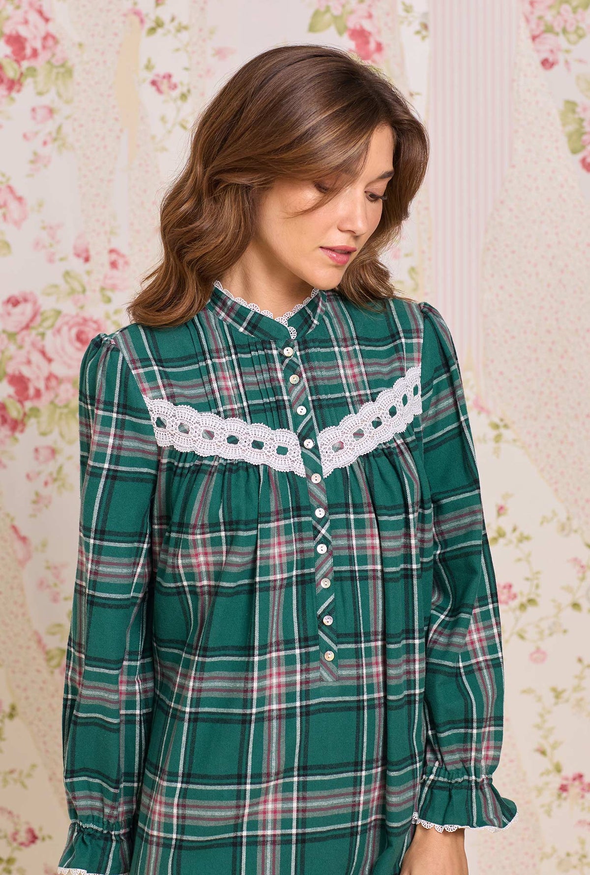 Evergreen Plaid Cotton Flannel Highneck Long Sleeve Ballet Nightgown