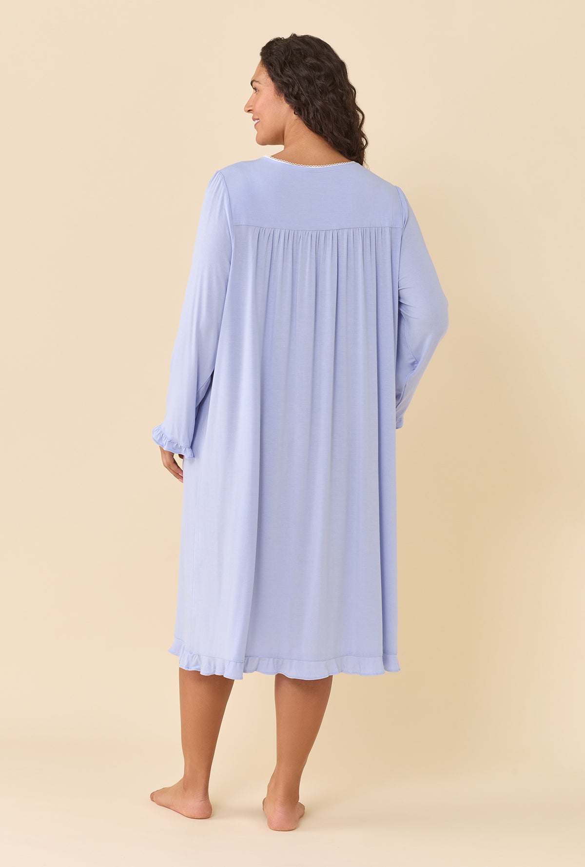 A lady wearing plus size Peri Long Sleeve Nightgown back view