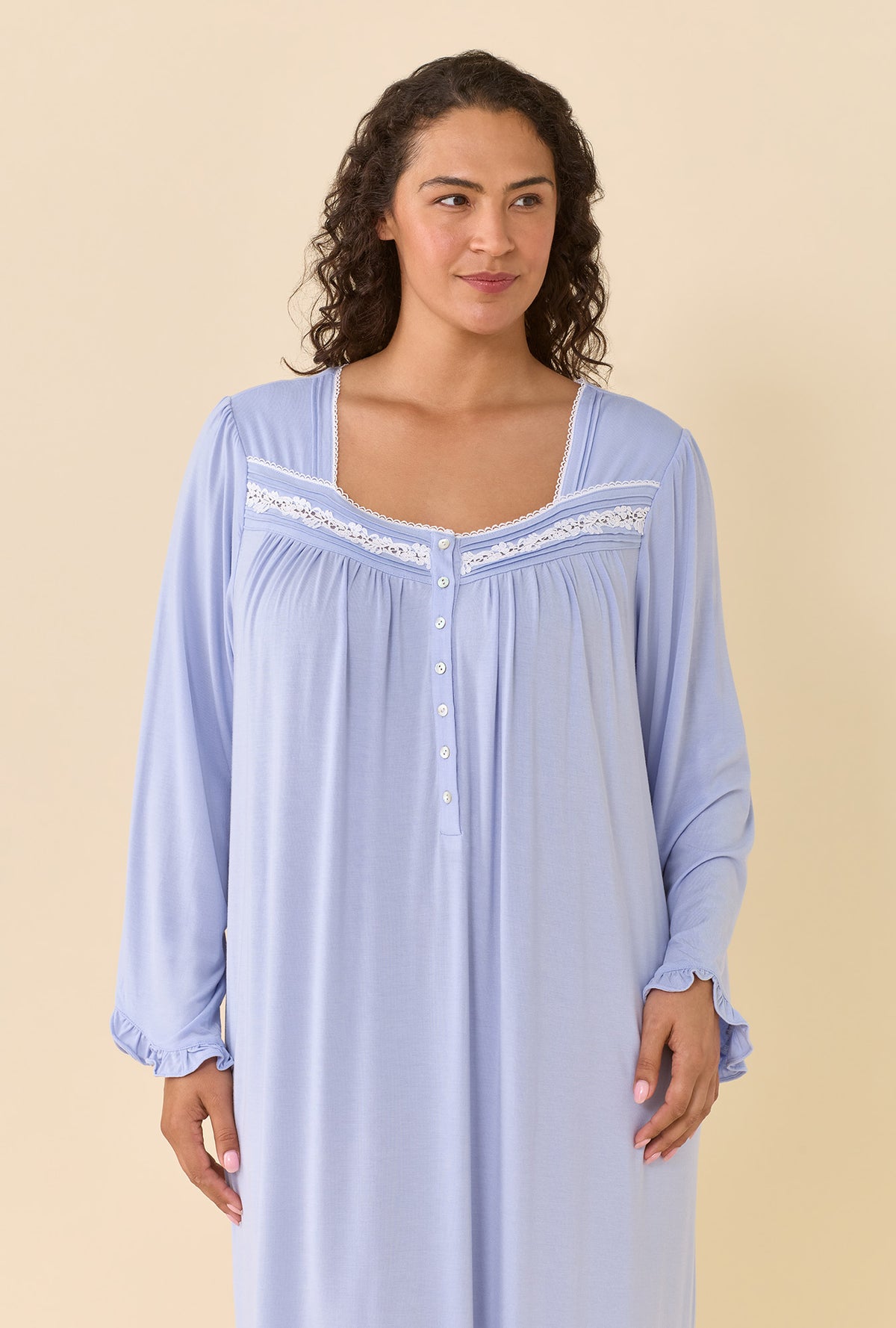 A lady wearing plus size Peri Long Sleeve Nightgown closer look