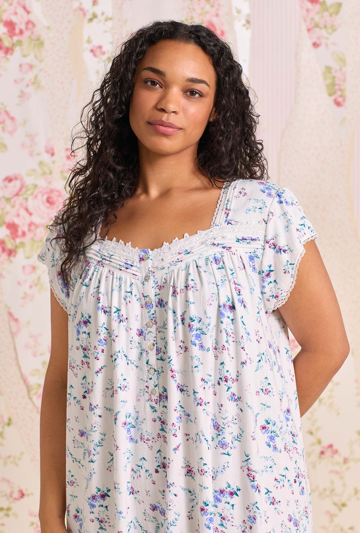 a lady wearing plus size Cottage Flora Cotton Pointelle Cap Sleeve Waltz Nightgown
