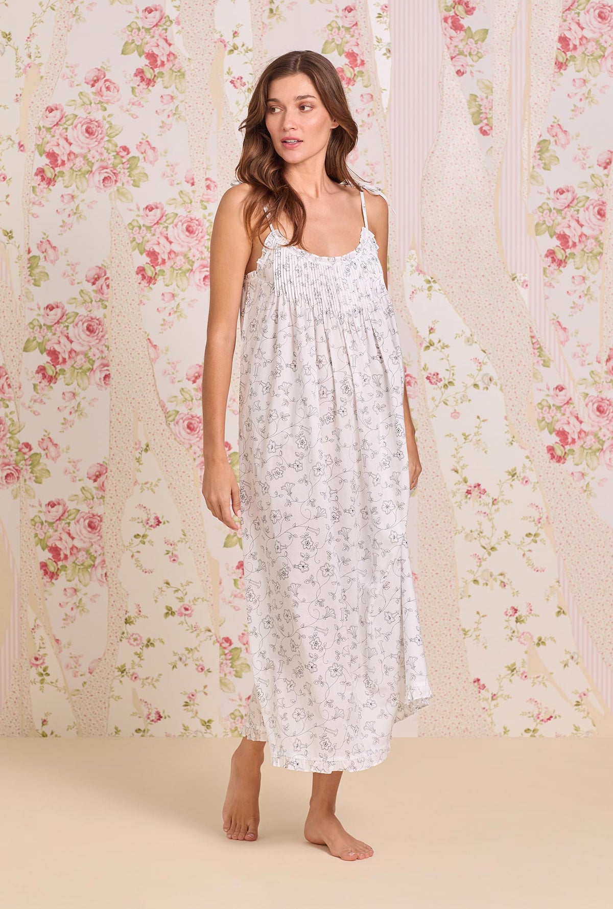 A Lady wearing The "Lucille" Morning Glory Cotton Lawn Ballet Nightgown looking Side R