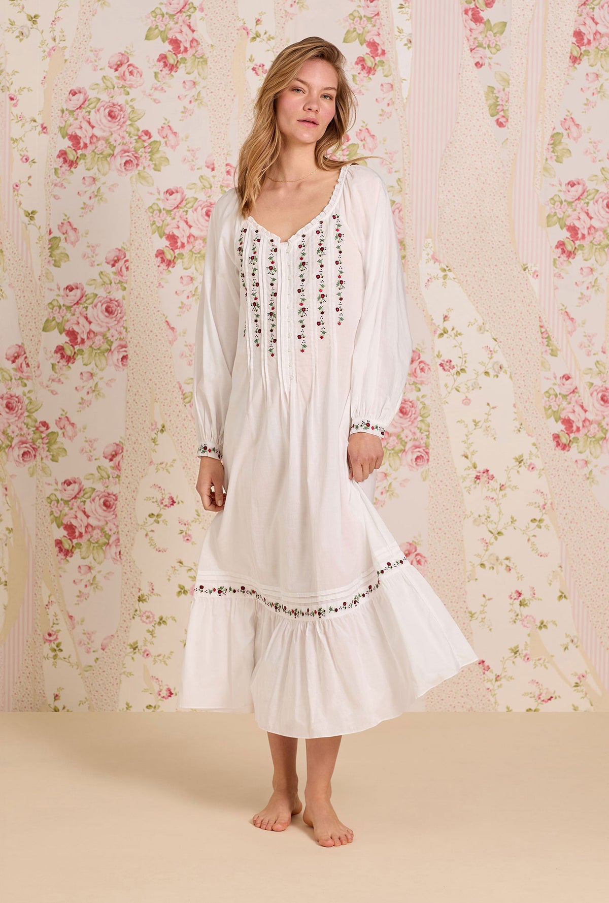 The "Noelle" Iconic White Embroidered Rosevine Cotton Lawn Nightgown