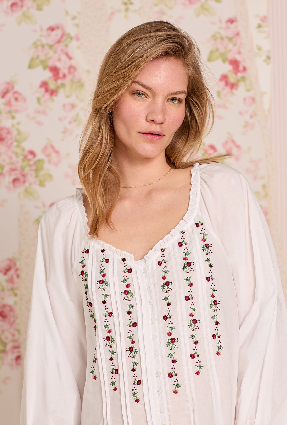 The "Noelle" Iconic White Embroidered Rosevine Cotton Lawn Nightgown