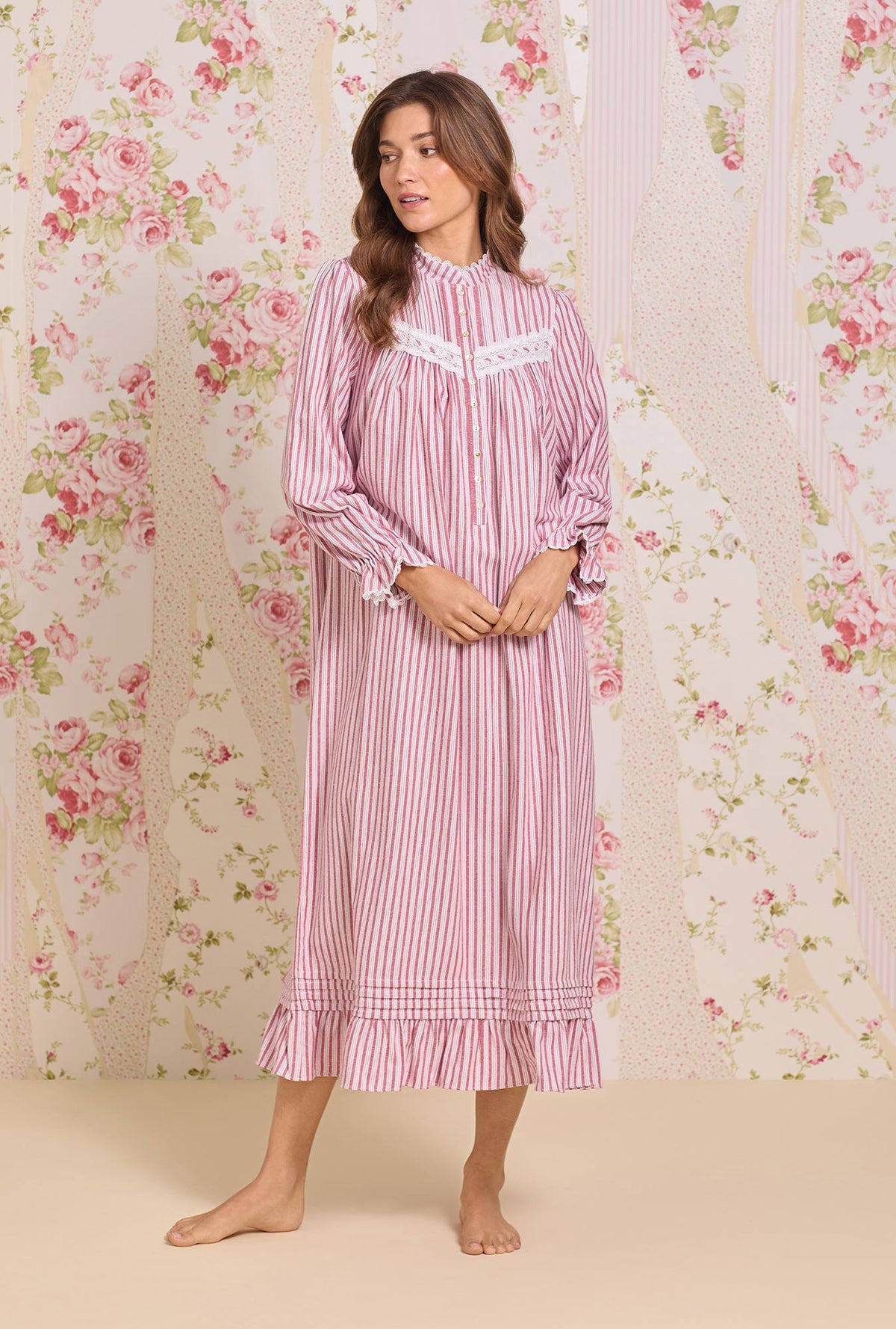 Hearth Stripe Cotton Flannel Highneck Long Sleeve Ballet Nightgown