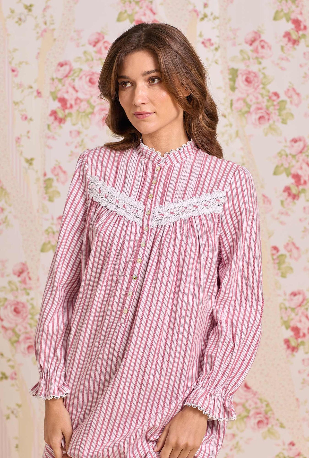 Hearth Stripe Cotton Flannel Highneck Long Sleeve Ballet Nightgown